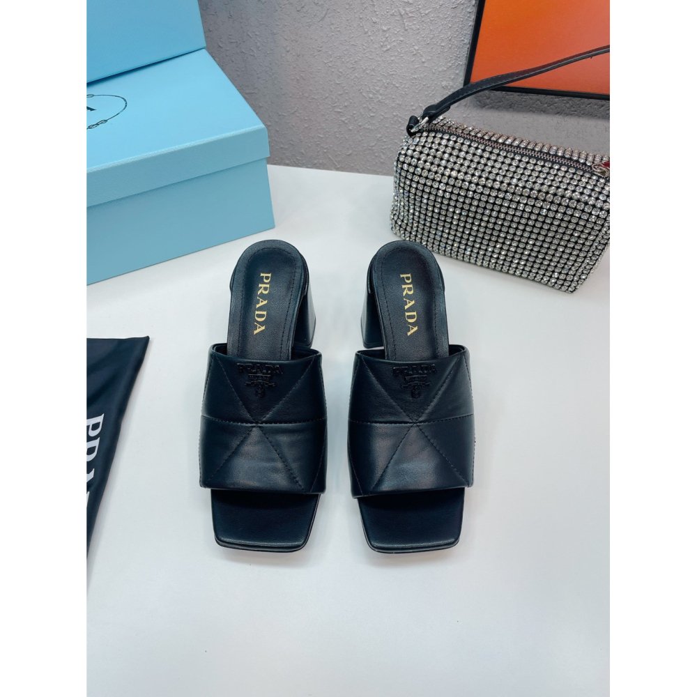 Cheap Reps Prada Heeled Slide Sandals 65mm In Black Nappa Leather