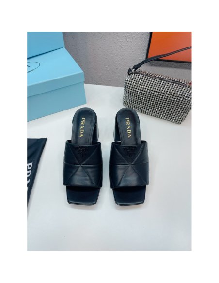 Cheap Reps Prada Heeled Slide Sandals 65mm In Black Nappa Leather