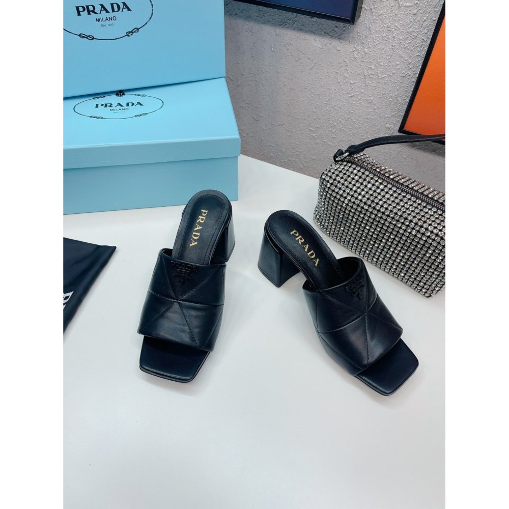 Cheap Reps Prada Heeled Slide Sandals 65mm In Black Nappa Leather