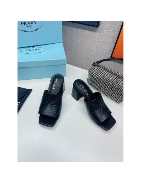 Cheap Reps Prada Heeled Slide Sandals 65mm In Black Nappa Leather