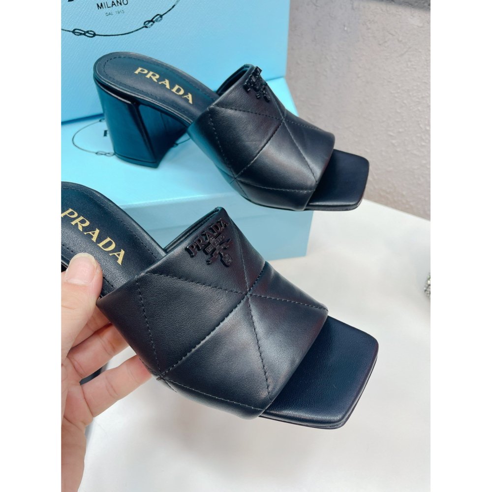 Cheap Reps Prada Heeled Slide Sandals 65mm In Black Nappa Leather