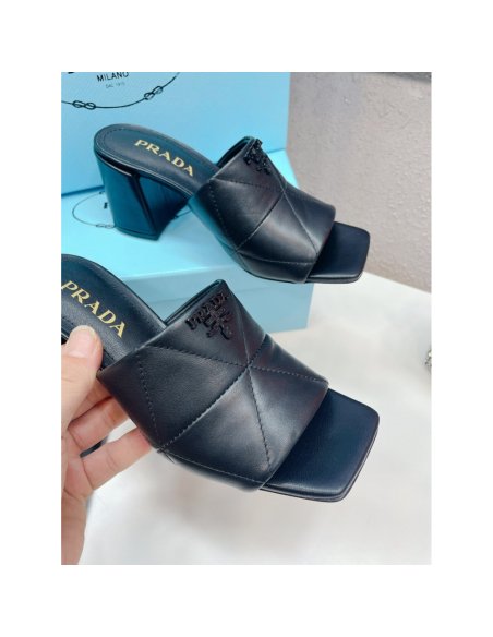 Cheap Reps Prada Heeled Slide Sandals 65mm In Black Nappa Leather