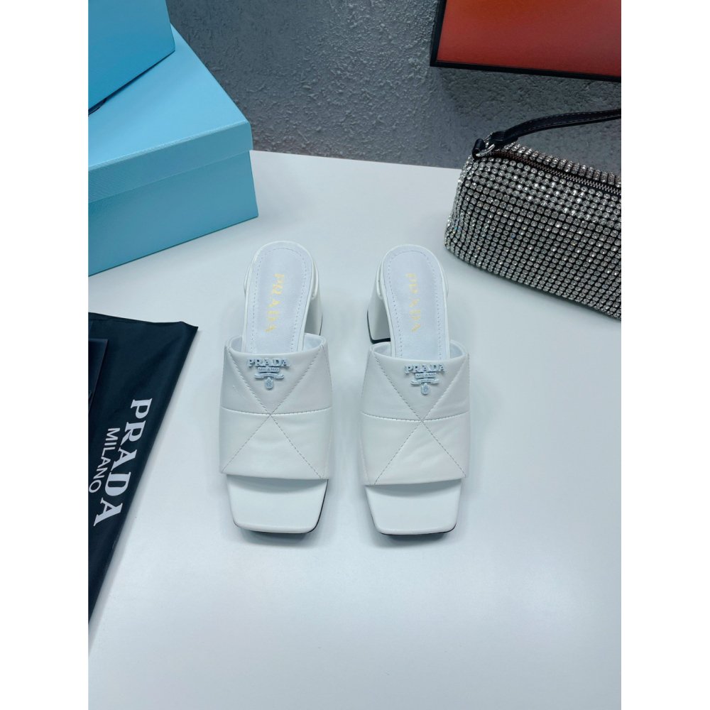 Cheap Reps Prada Heeled Slide Sandals 65mm In White Nappa Leather