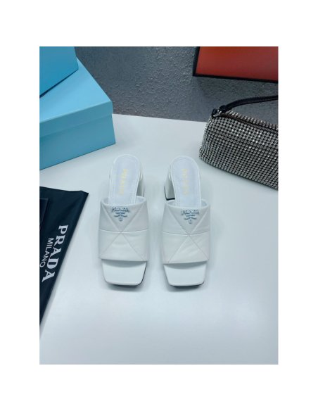 Cheap Reps Prada Heeled Slide Sandals 65mm In White Nappa Leather