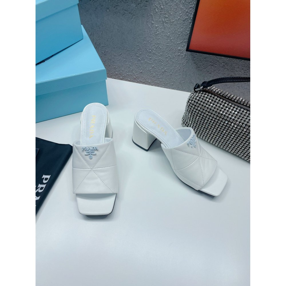 Cheap Reps Prada Heeled Slide Sandals 65mm In White Nappa Leather