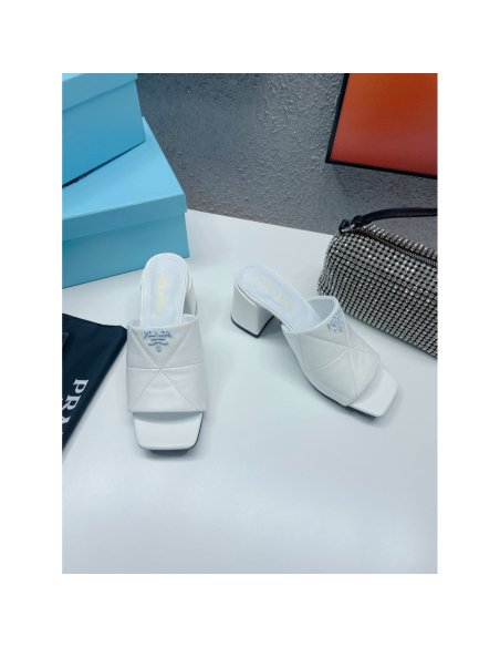 Cheap Reps Prada Heeled Slide Sandals 65mm In White Nappa Leather