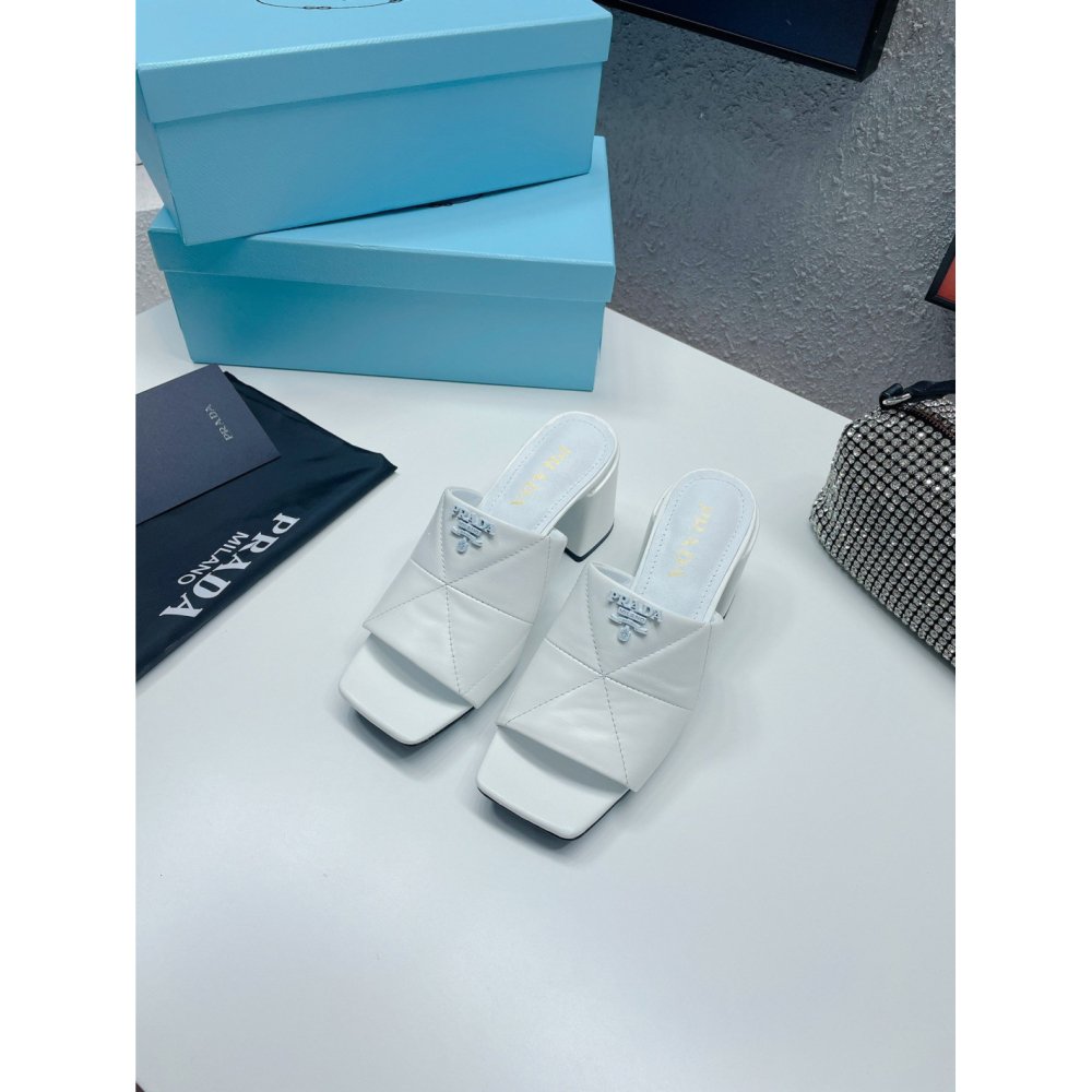 Cheap Reps Prada Heeled Slide Sandals 65mm In White Nappa Leather