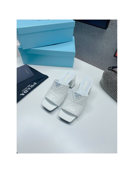 Cheap Reps Prada Heeled Slide Sandals 65mm In White Nappa Leather