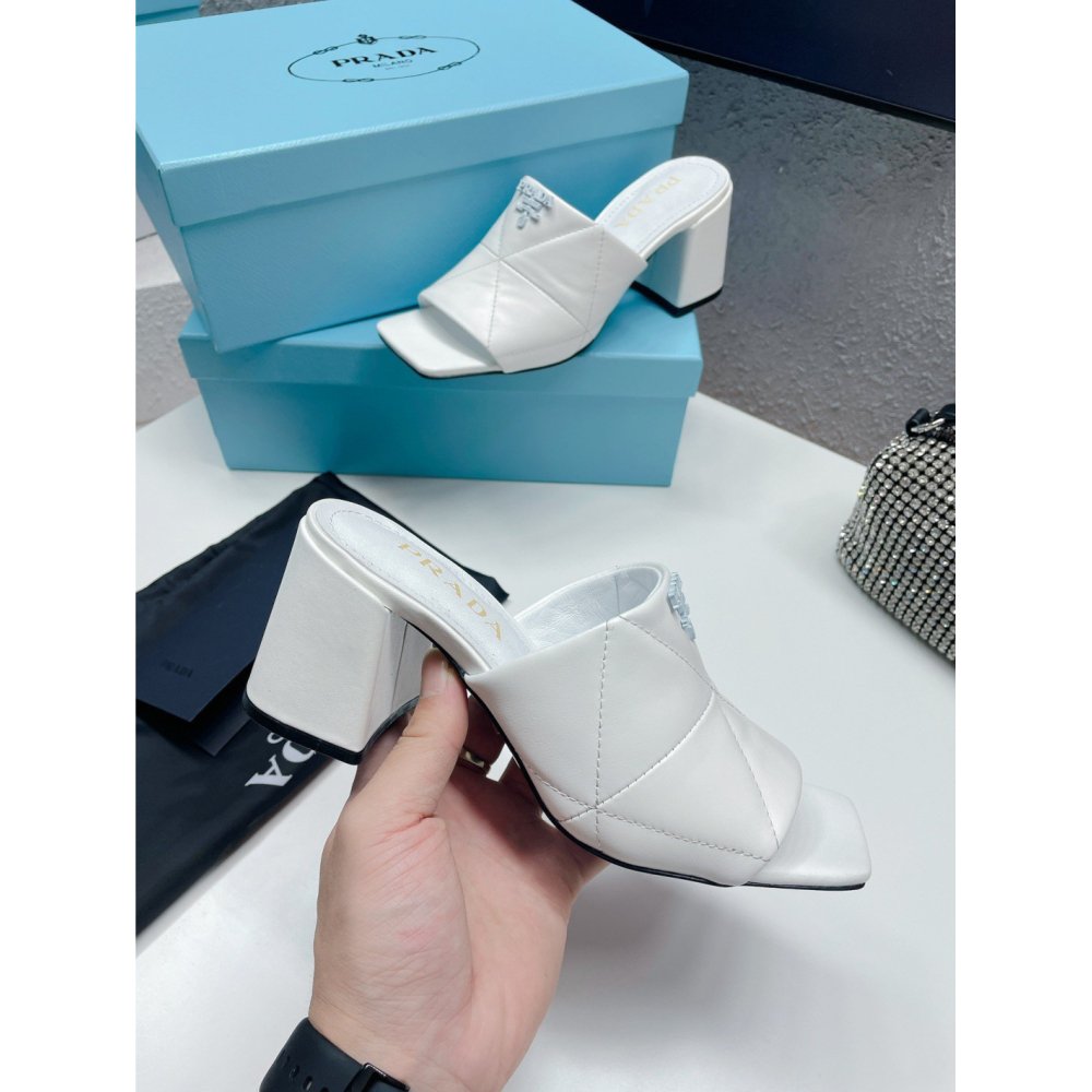 Cheap Reps Prada Heeled Slide Sandals 65mm In White Nappa Leather