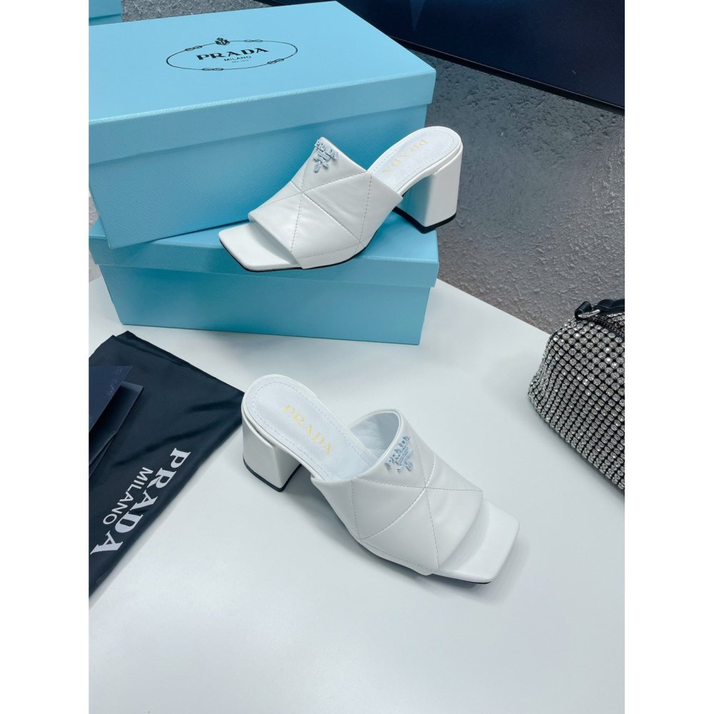 Cheap Reps Prada Heeled Slide Sandals 65mm In White Nappa Leather