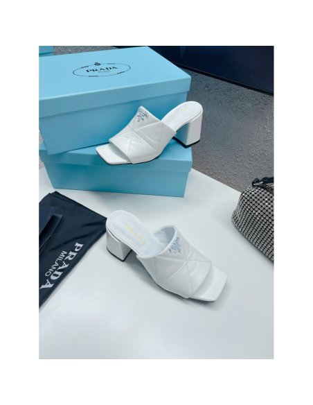 Cheap Reps Prada Heeled Slide Sandals 65mm In White Nappa Leather