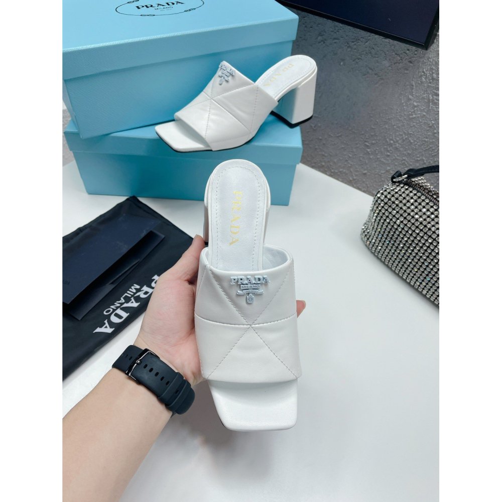 Cheap Reps Prada Heeled Slide Sandals 65mm In White Nappa Leather