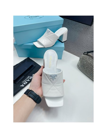 Cheap Reps Prada Heeled Slide Sandals 65mm In White Nappa Leather