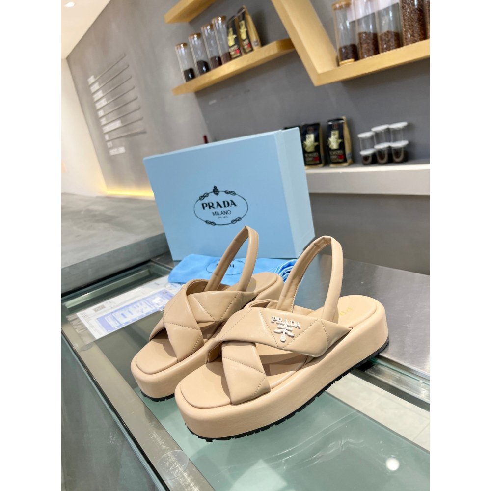 Cheap Reps Prada Flatform Sandals In Beige Quilted Nappa Leather