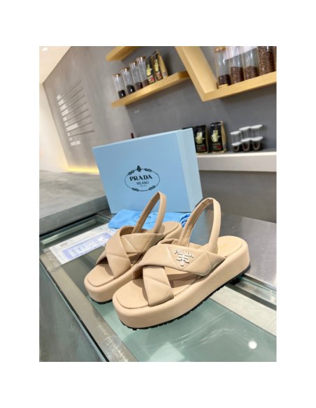 Cheap Reps Prada Flatform Sandals In Beige Quilted Nappa Leather