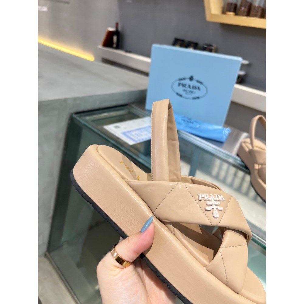 Cheap Reps Prada Flatform Sandals In Beige Quilted Nappa Leather