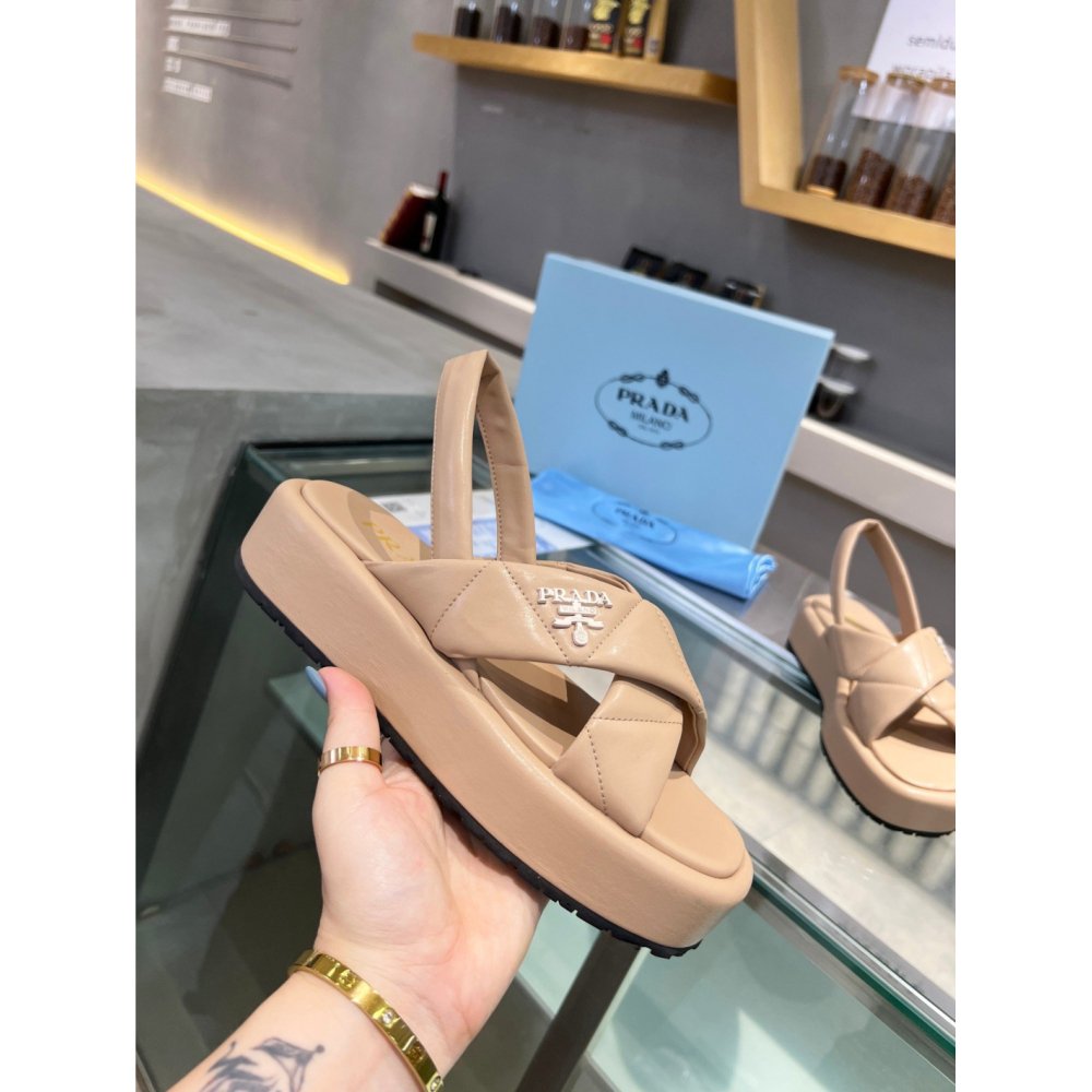 Cheap Reps Prada Flatform Sandals In Beige Quilted Nappa Leather
