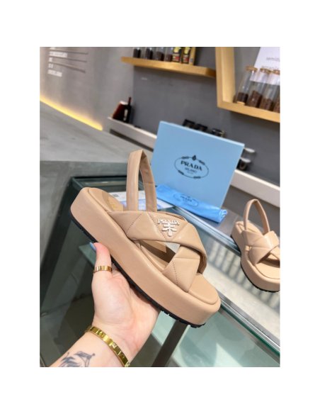 Cheap Reps Prada Flatform Sandals In Beige Quilted Nappa Leather