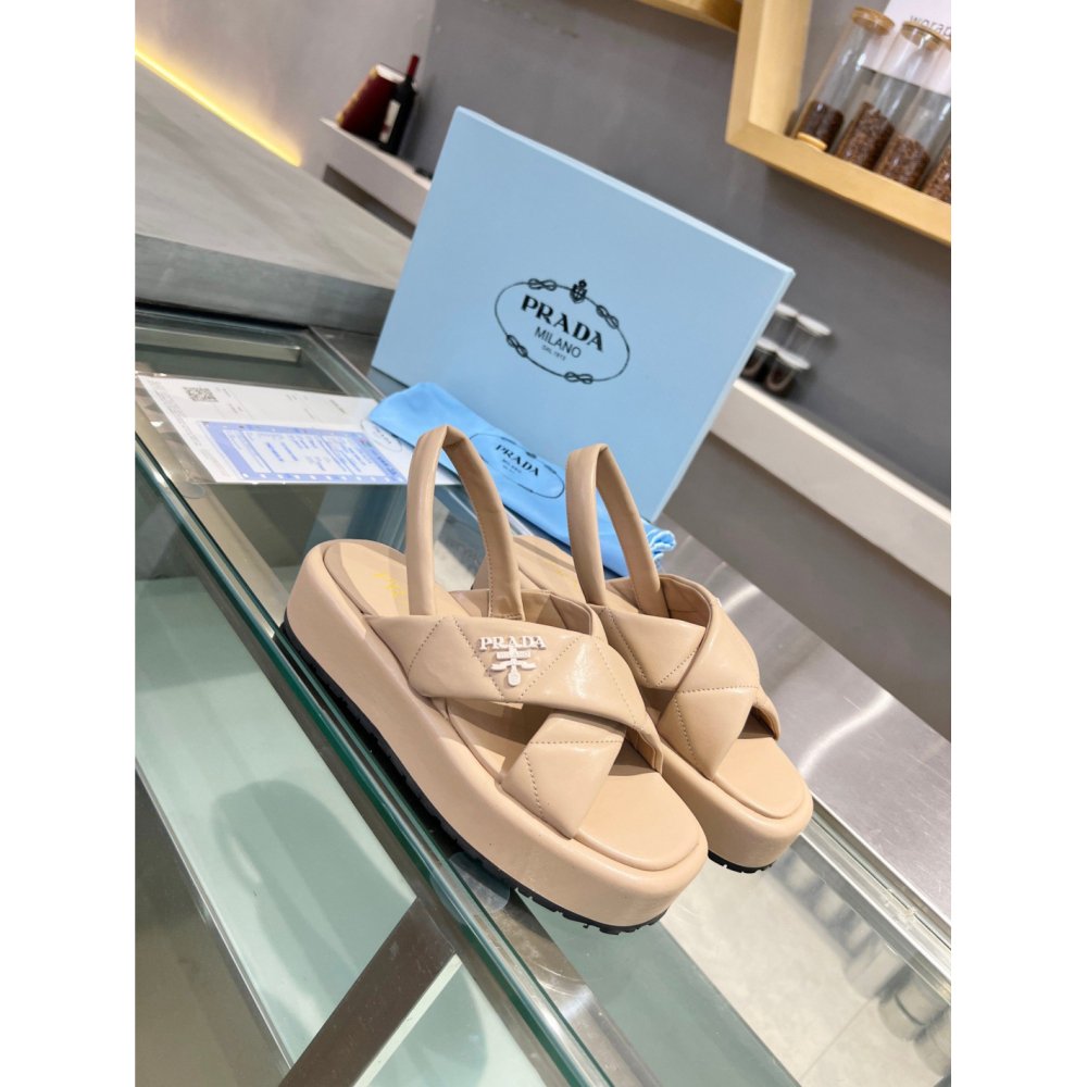 Cheap Reps Prada Flatform Sandals In Beige Quilted Nappa Leather