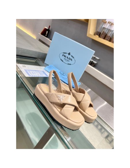 Cheap Reps Prada Flatform Sandals In Beige Quilted Nappa Leather