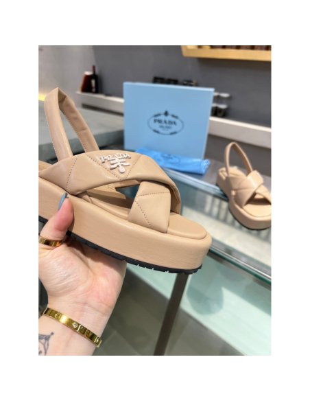 Cheap Reps Prada Flatform Sandals In Beige Quilted Nappa Leather