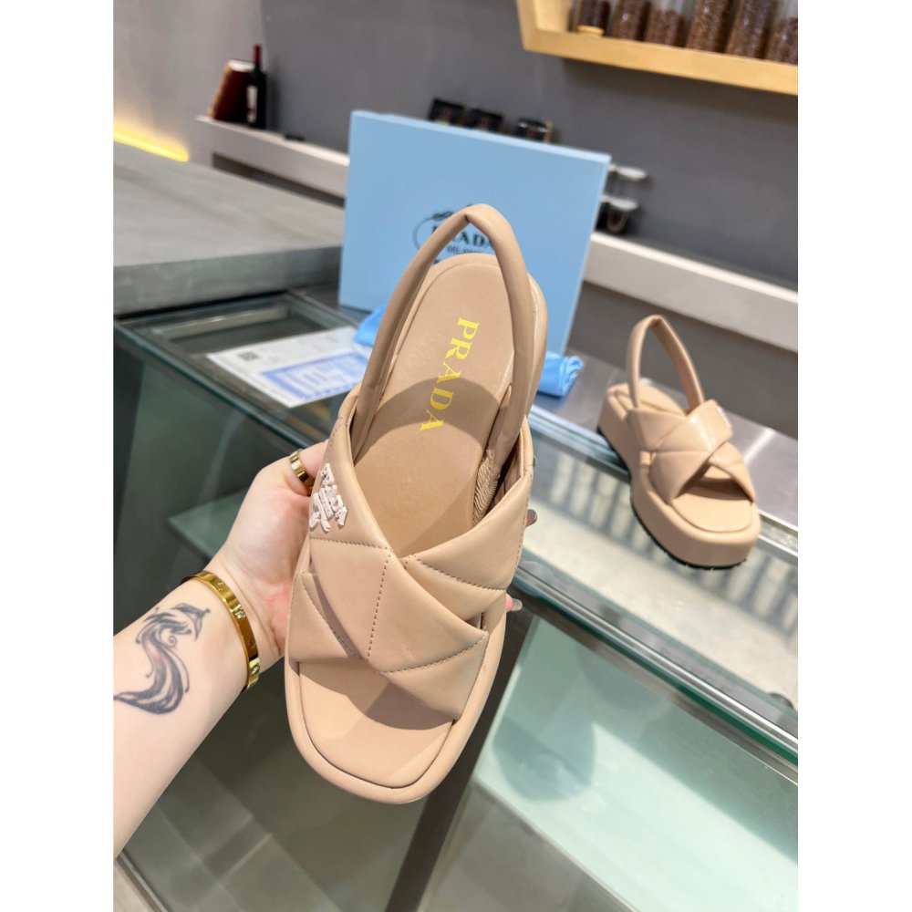 Cheap Reps Prada Flatform Sandals In Beige Quilted Nappa Leather