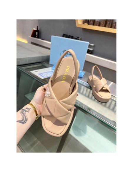 Cheap Reps Prada Flatform Sandals In Beige Quilted Nappa Leather