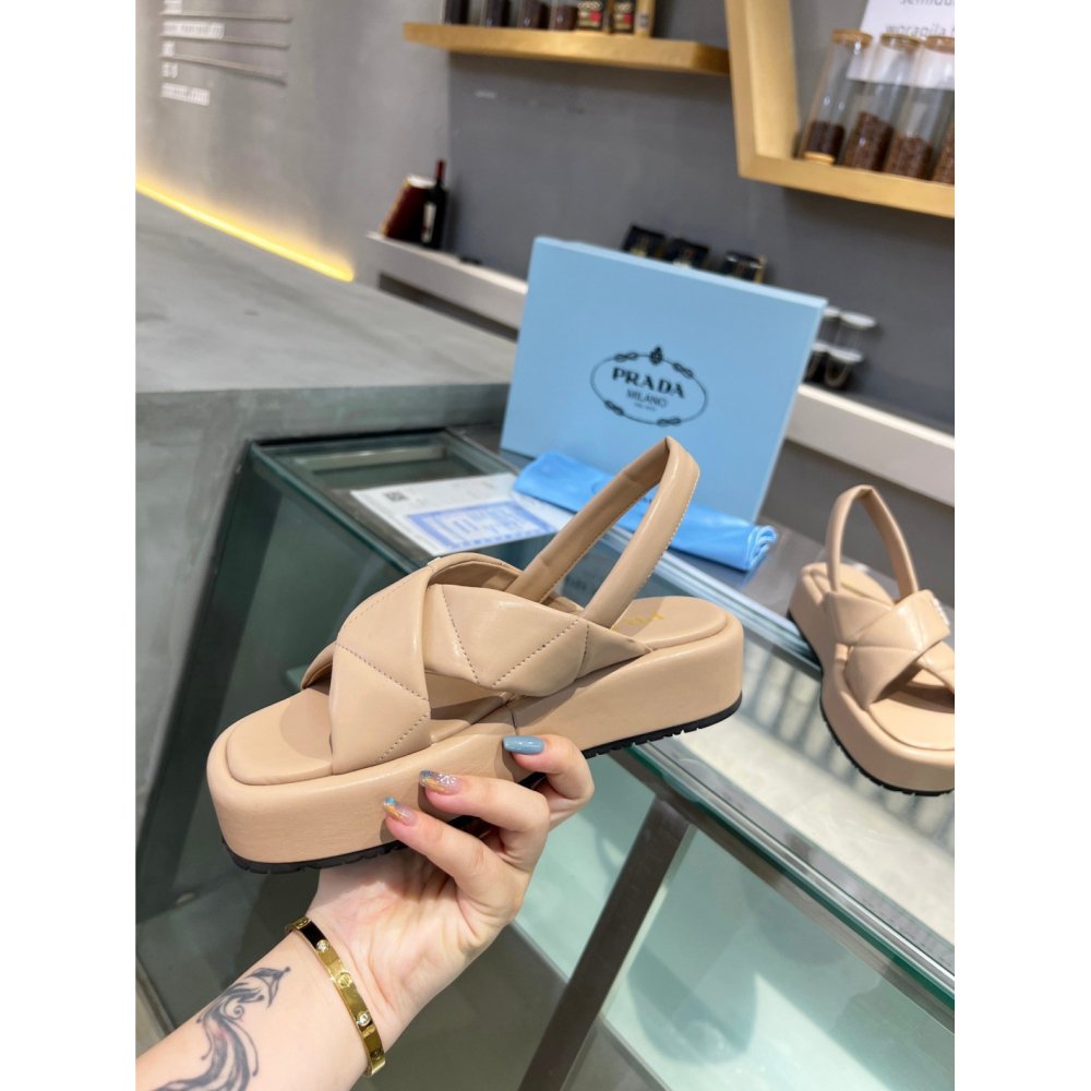 Cheap Reps Prada Flatform Sandals In Beige Quilted Nappa Leather