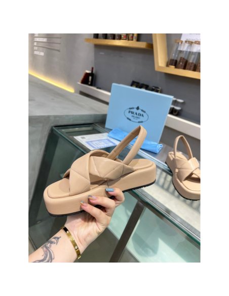 Cheap Reps Prada Flatform Sandals In Beige Quilted Nappa Leather