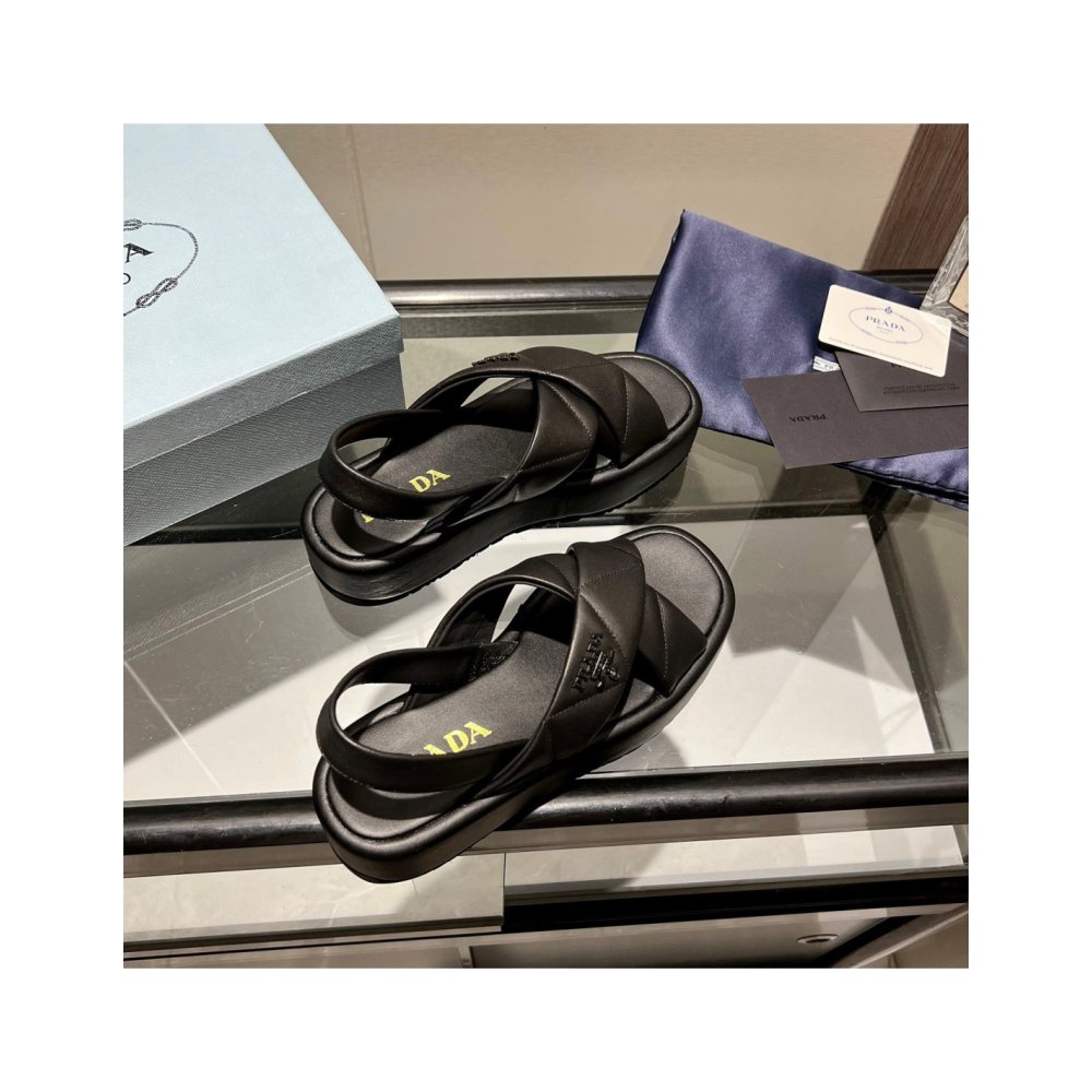 Cheap Reps Prada Flatform Sandals In Black Quilted Nappa Leather