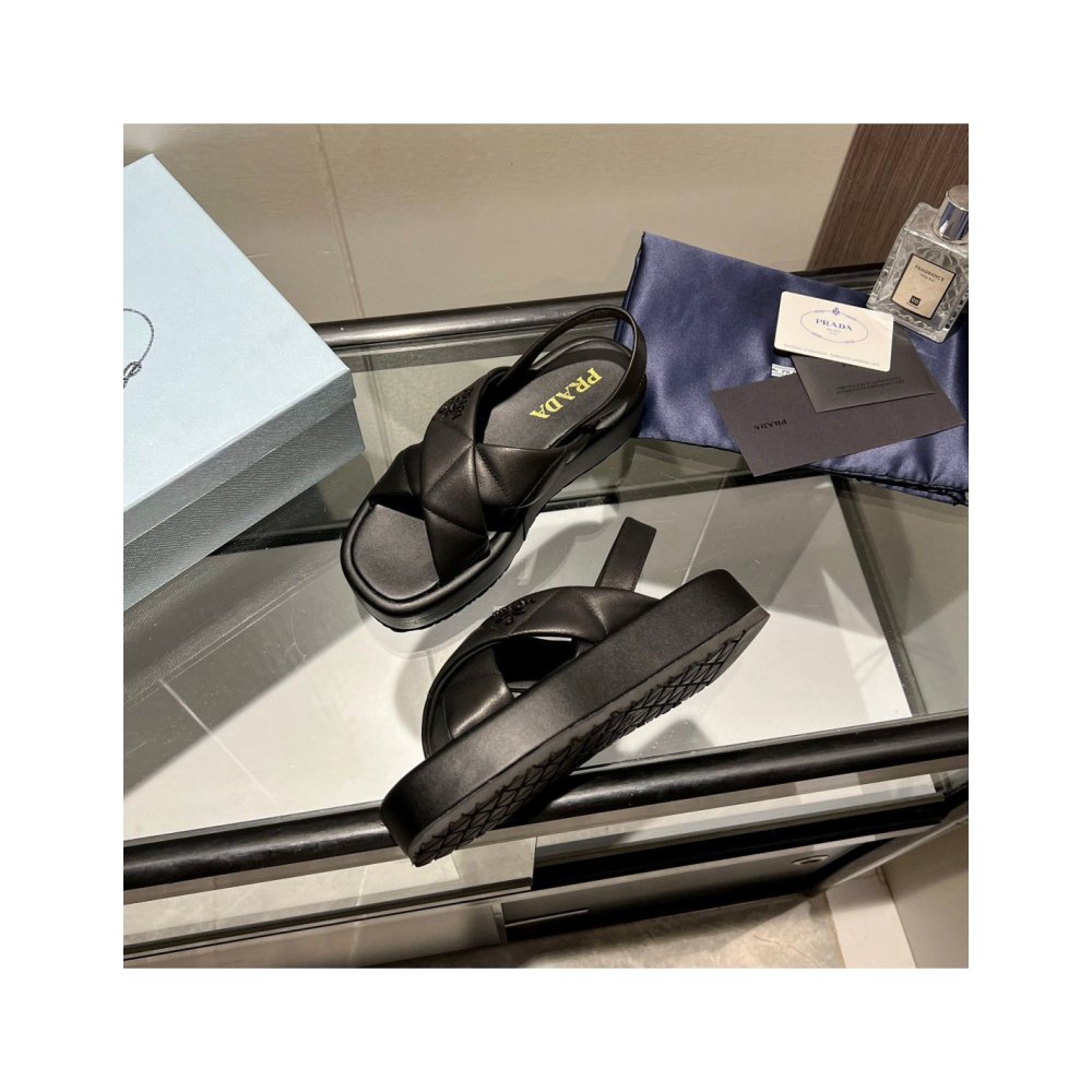 Cheap Reps Prada Flatform Sandals In Black Quilted Nappa Leather