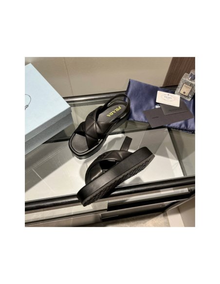 Cheap Reps Prada Flatform Sandals In Black Quilted Nappa Leather