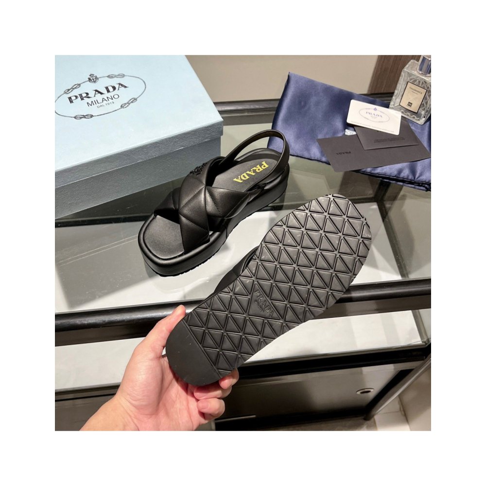 Cheap Reps Prada Flatform Sandals In Black Quilted Nappa Leather