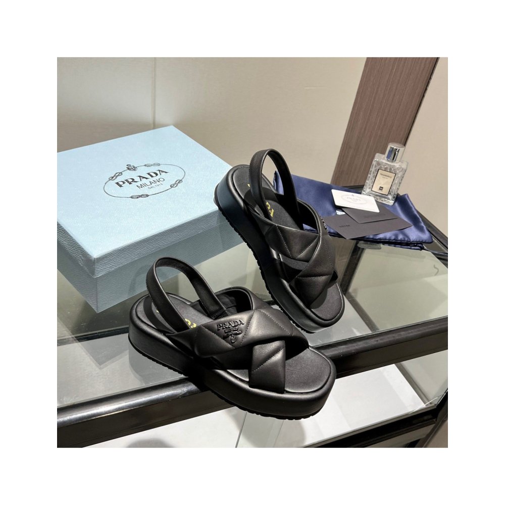 Cheap Reps Prada Flatform Sandals In Black Quilted Nappa Leather