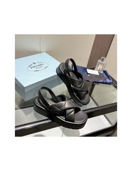 Cheap Reps Prada Flatform Sandals In Black Quilted Nappa Leather
