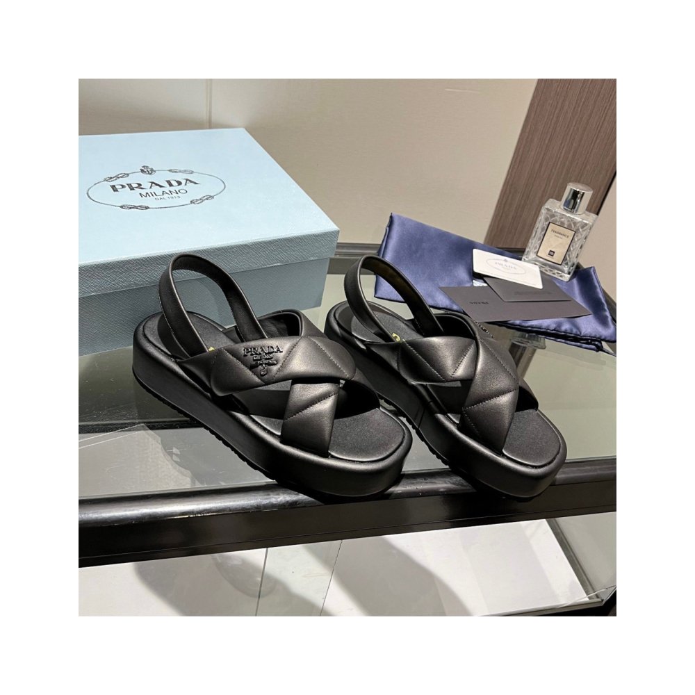 Cheap Reps Prada Flatform Sandals In Black Quilted Nappa Leather