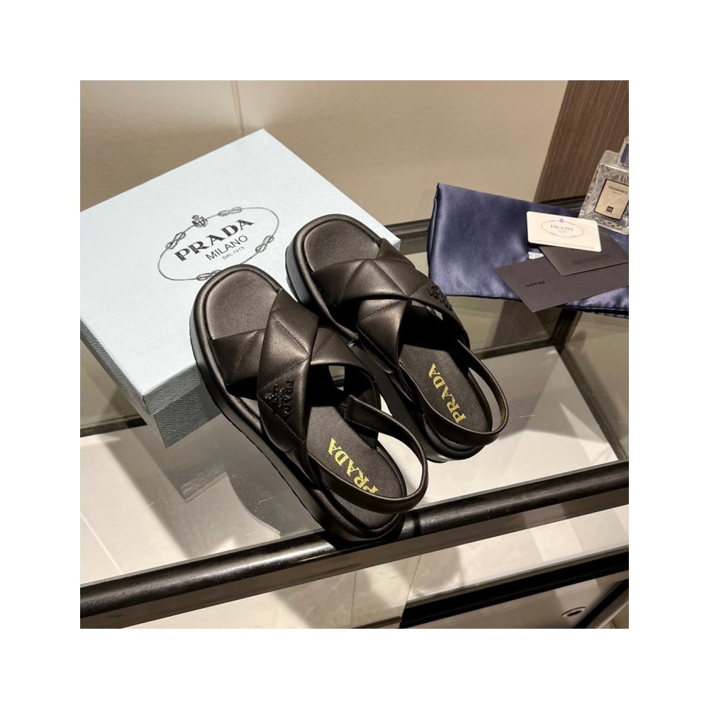 Cheap Reps Prada Flatform Sandals In Black Quilted Nappa Leather