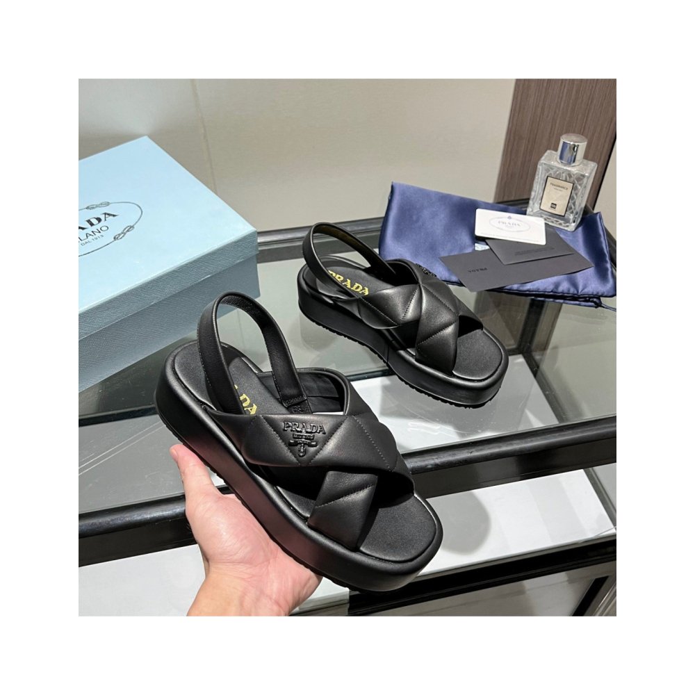 Cheap Reps Prada Flatform Sandals In Black Quilted Nappa Leather
