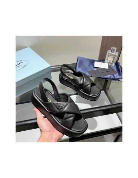 Cheap Reps Prada Flatform Sandals In Black Quilted Nappa Leather