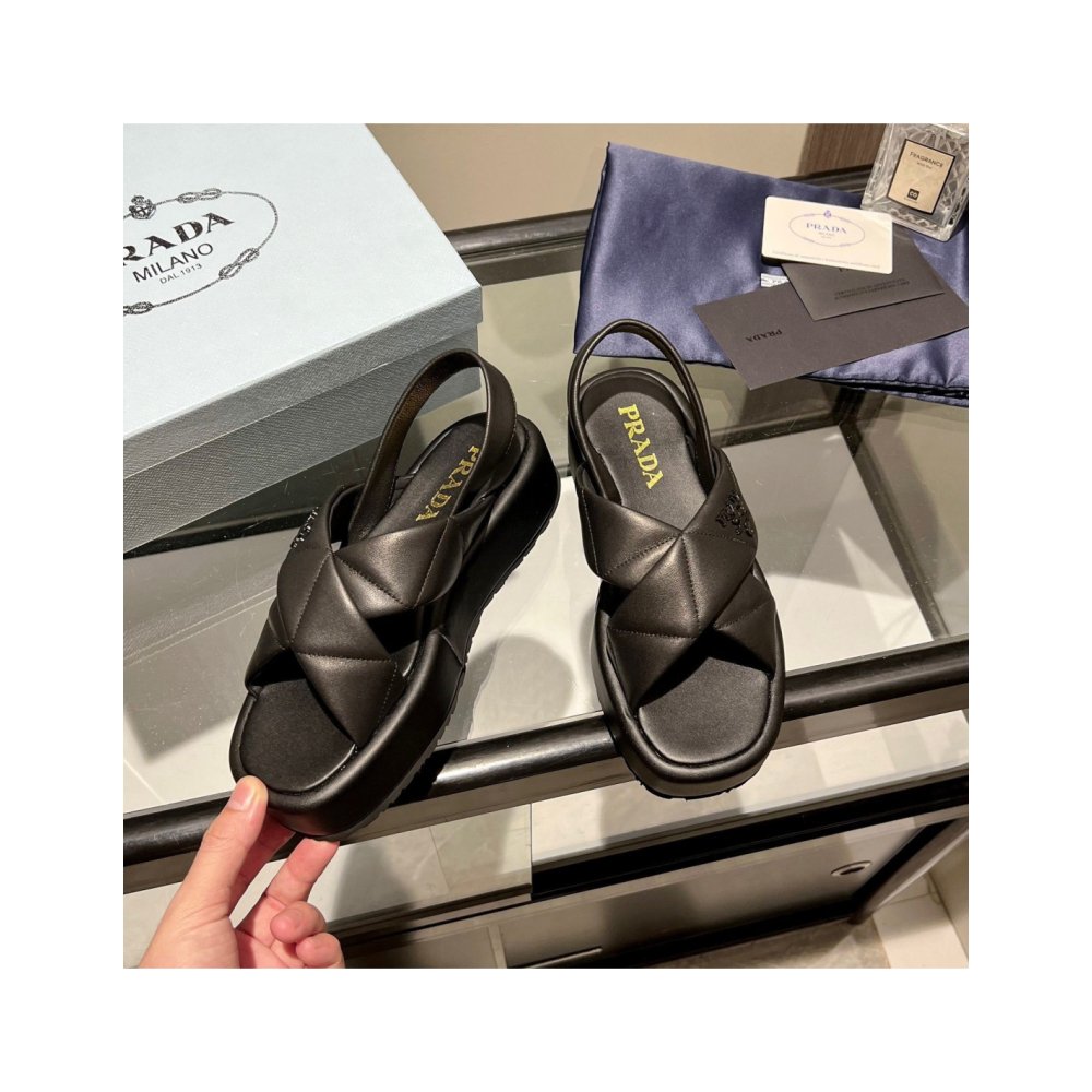 Cheap Reps Prada Flatform Sandals In Black Quilted Nappa Leather