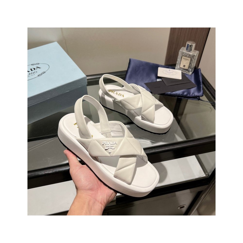 Cheap Reps Prada Flatform Sandals In White Quilted Nappa Leather