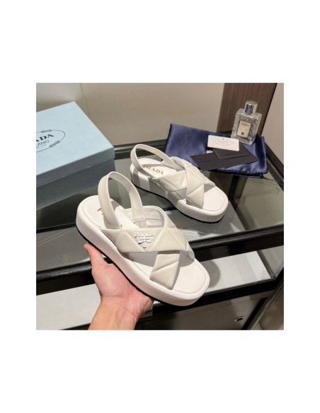 Cheap Reps Prada Flatform Sandals In White Quilted Nappa Leather