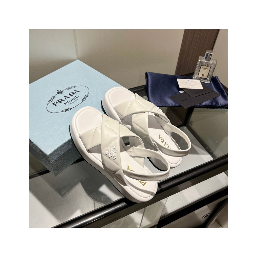 Cheap Reps Prada Flatform Sandals In White Quilted Nappa Leather