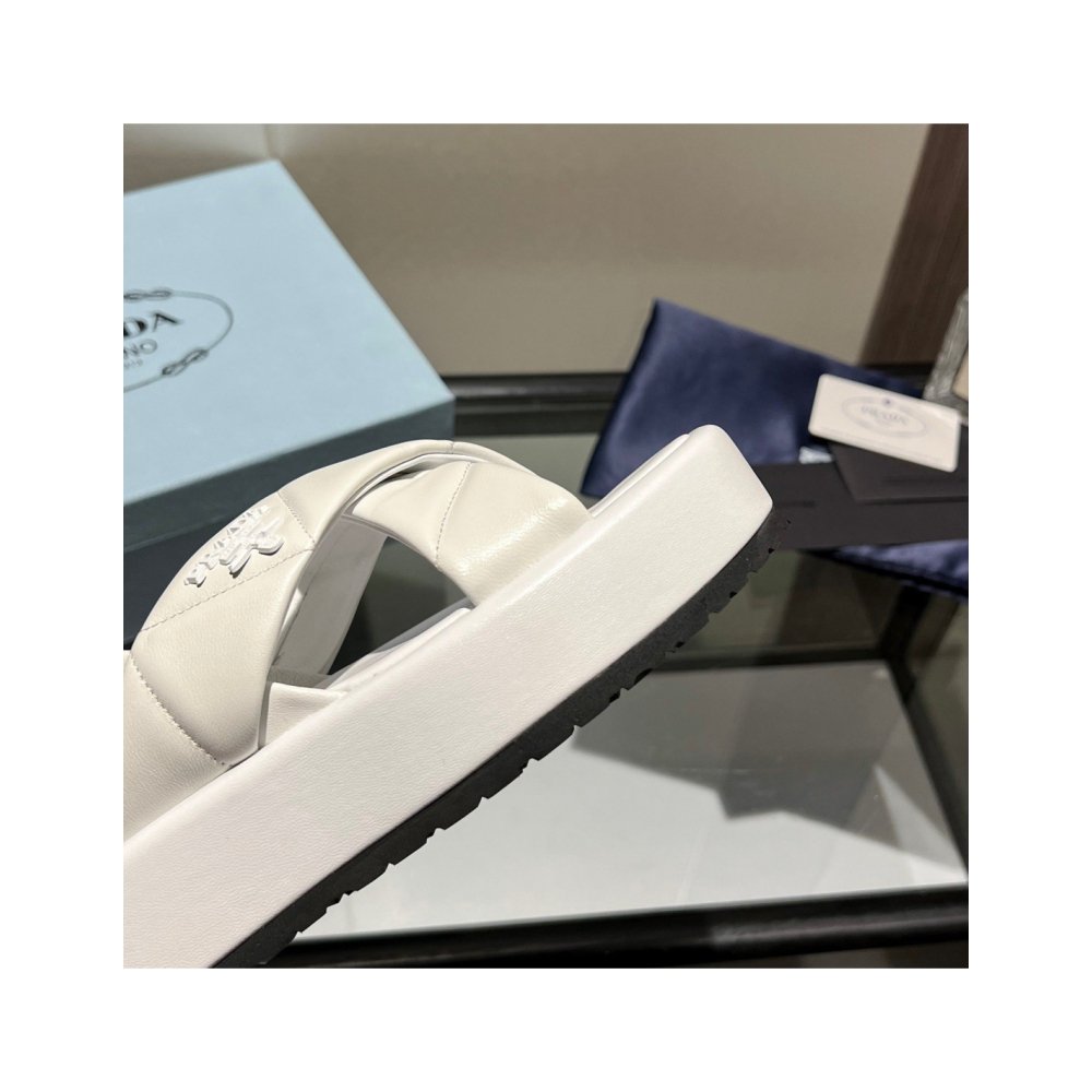 Cheap Reps Prada Flatform Sandals In White Quilted Nappa Leather