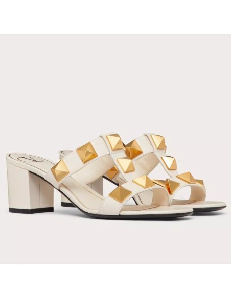 Cheap Reps Valentino Roman Stud Slide Sandals 60mm In White Calfskin