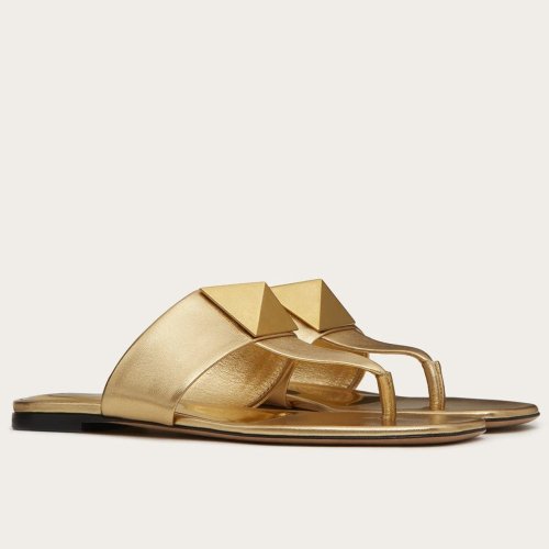 Cheap Reps Valentino One Stud Flat Thong Sandals In Gold Metallic Leather