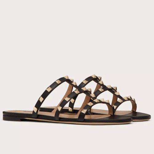 Cheap Reps Valentino Garavani Rockstud Flat Sandals In Black Calfskin