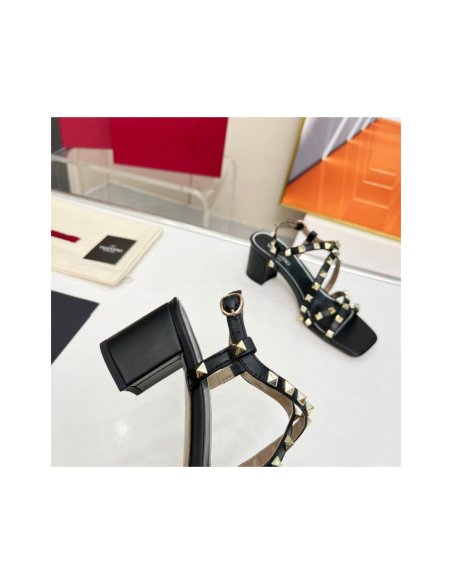 Cheap Reps Valentino Rockstud Sandals 60MM with Straps in Black Leather