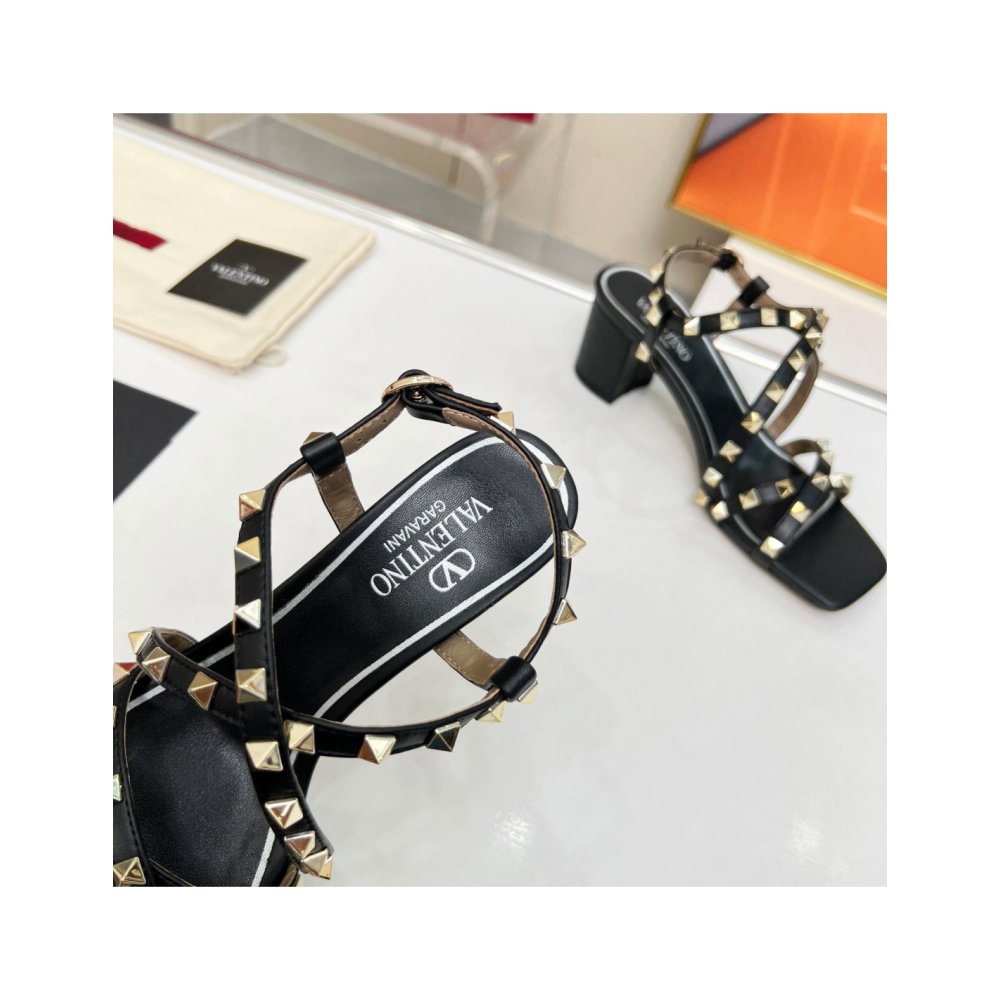 Cheap Reps Valentino Rockstud Sandals 60MM with Straps in Black Leather