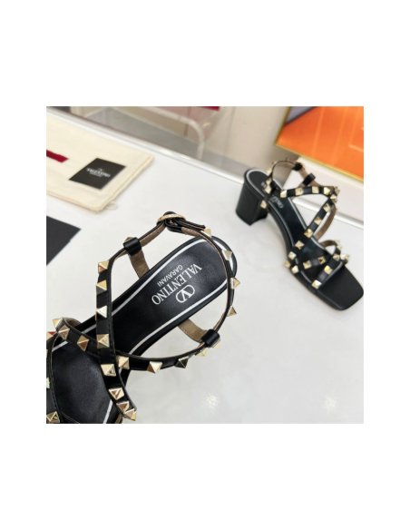 Cheap Reps Valentino Rockstud Sandals 60MM with Straps in Black Leather
